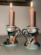 Vintage kandelaren met bijpassend mandje van aardewerk