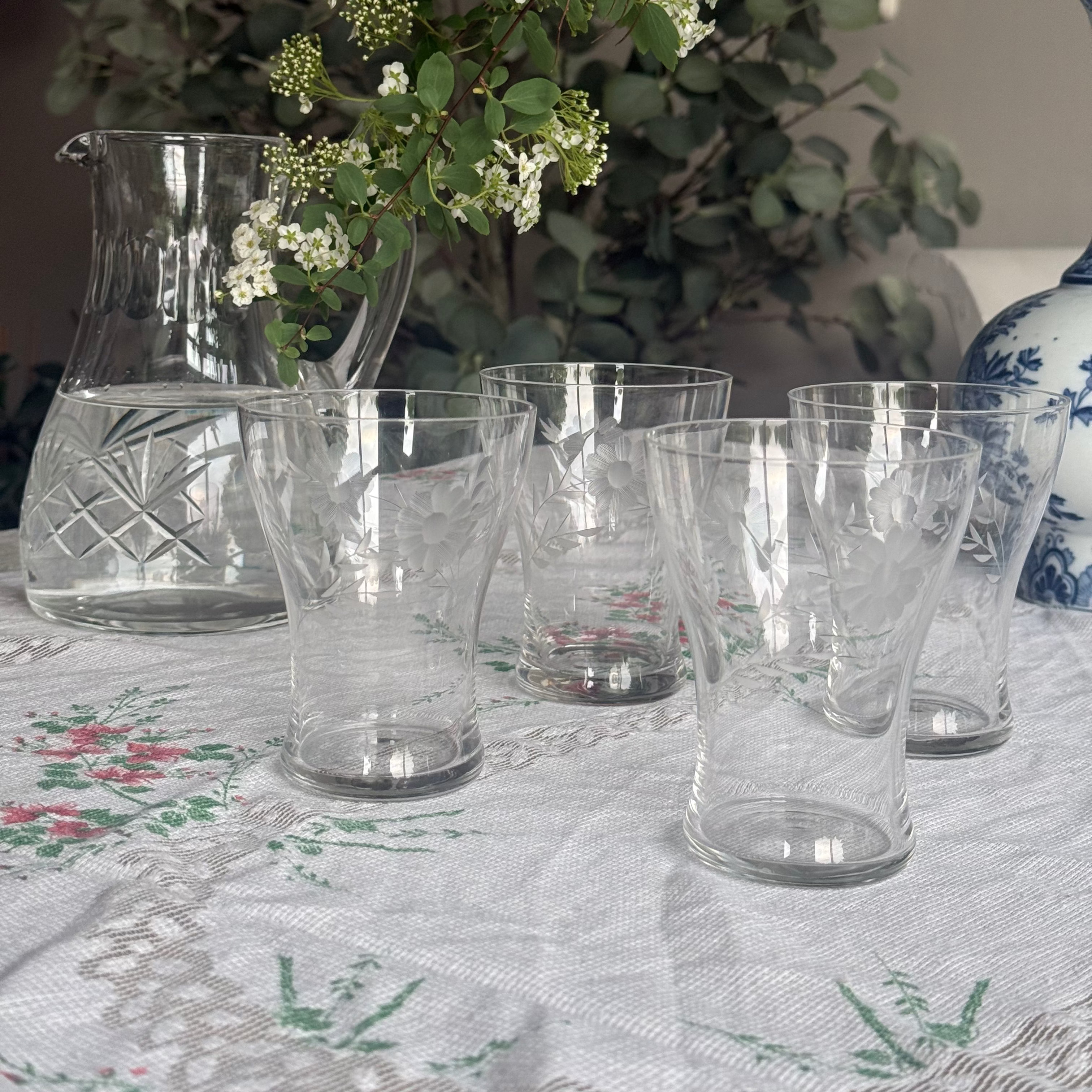 drink glazen gegraveerde bloemen (4st)